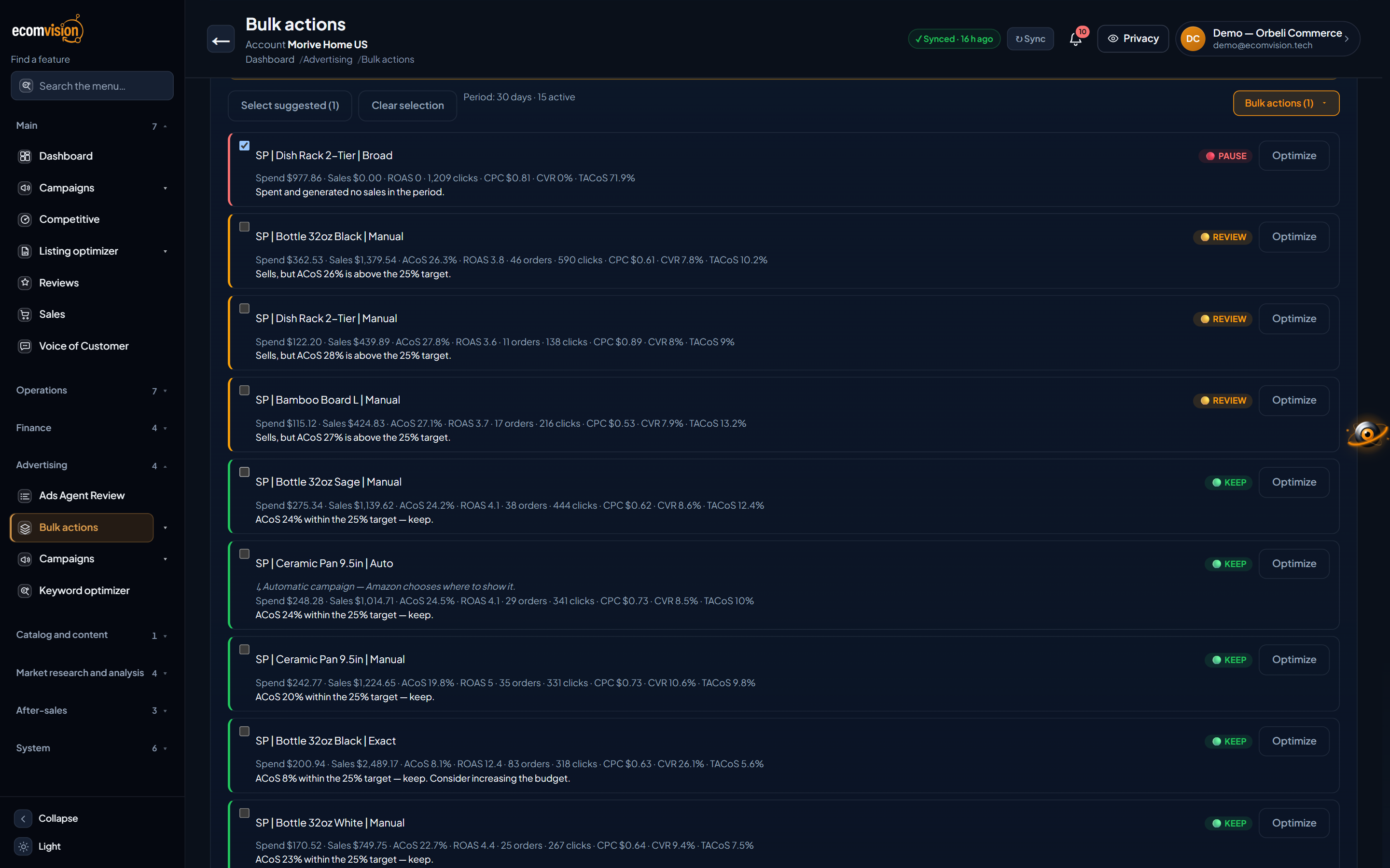 EcomVision Bulk actions screen, Pause tab, listing active SP campaigns with spend, sales, ACoS, ROAS, orders, clicks, CPC, CVR and TACoS on each line, plus the verdict (Pause, Review or Keep).