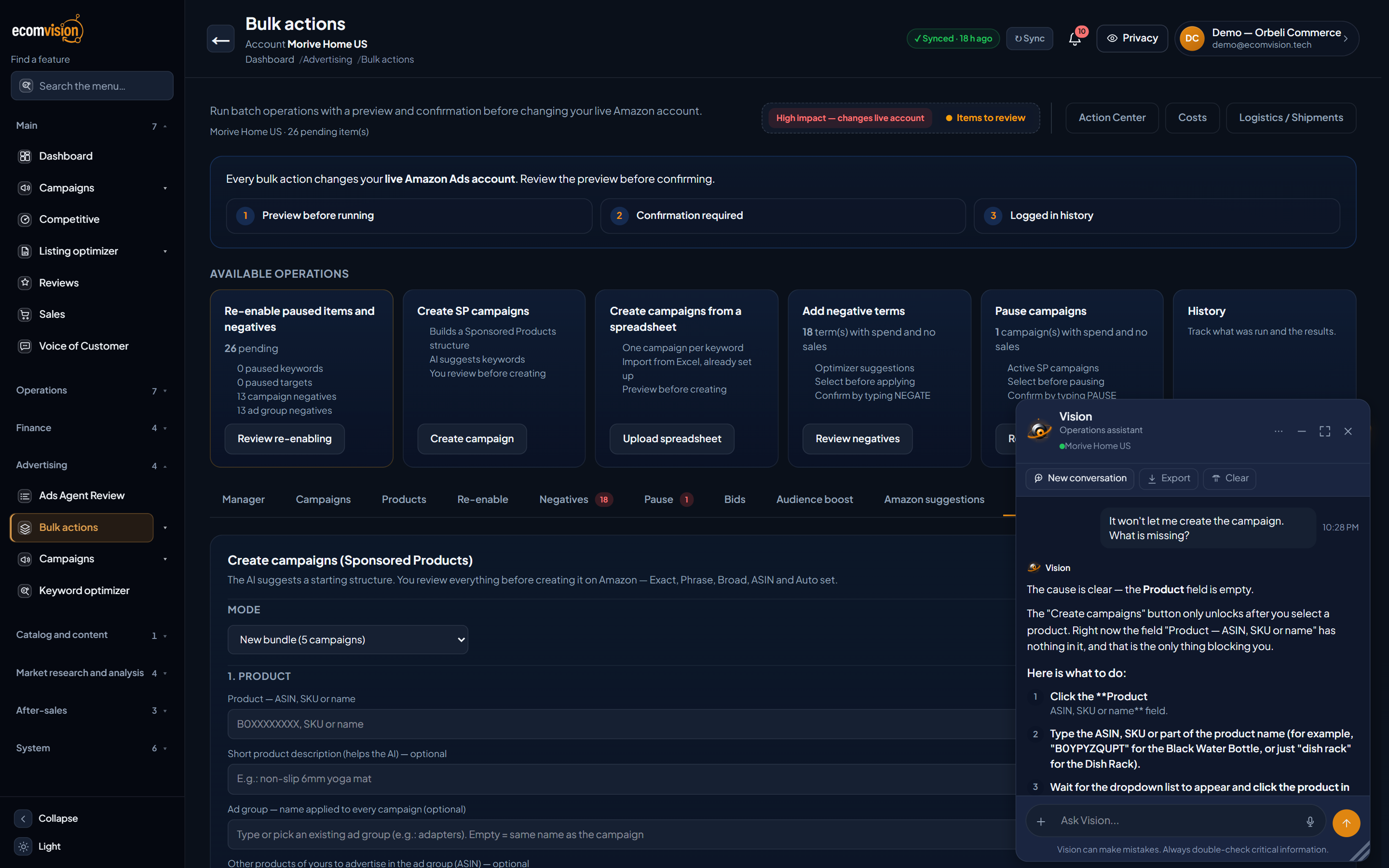 EcomVision Create campaigns screen with the Vision panel open: it answers that the cause is the empty Product (ASIN, SKU or name) field and explains the steps to unlock the Create campaigns button.