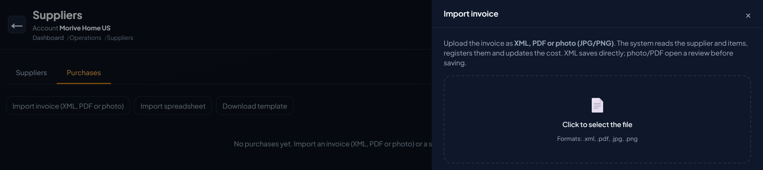 Suppliers screen in the demo account, Purchases tab, with the Import invoice (XML, PDF or photo), Import spreadsheet and Download template buttons, and the Import invoice panel open at Click to select the file